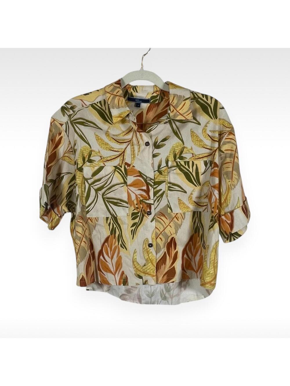 Shore Tropical Floral Print Button Down Raw Hem Crop Top Size Medium - Picture 2 of 9